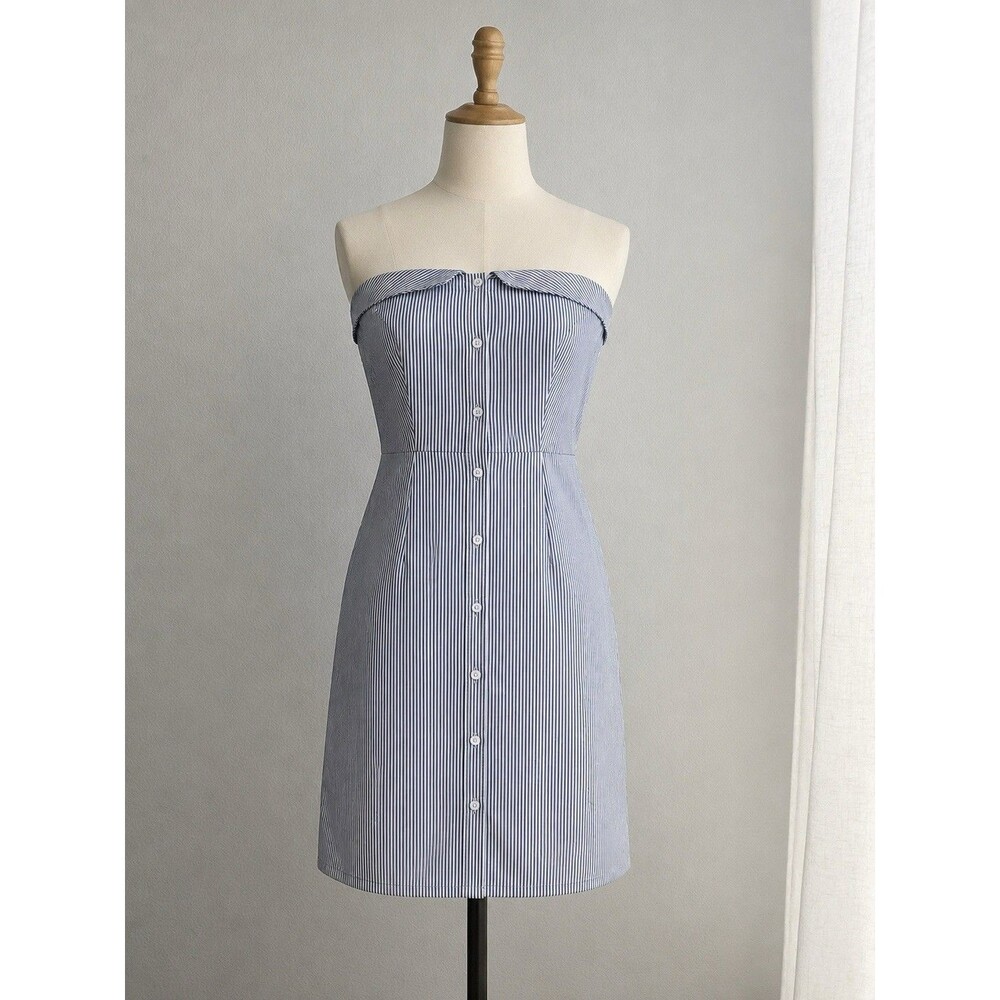 Iris Strapless Button Front Pinstripe Dress Blue White Tie Waist Size